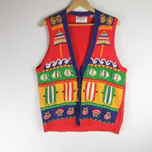 Marisa Christina Vintage Cardigan Beach Ocean Size L Umbrella Fish Sun Waves